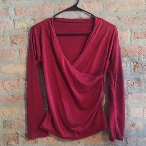 Burgundy wrap, low cut long sleeve top